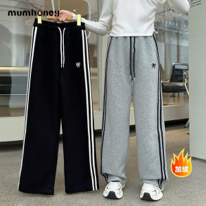 Girls Fleece Lined Casual Sports Pants Winter Wear 2025 New Style Middle School Girls Loose Fit Trousers with Elastic Waist