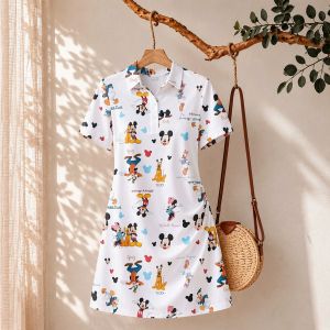 Disney | Womens Disney Mickey Mouse Print Polo Collar Dress New 2026 Fashion Cuteore Clothes for Ladies Streetwear Short Sleeve Anime