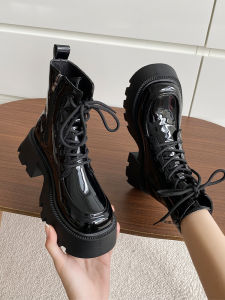 Black Martin Boots Womens Winter Thick Bottom Lace up Short Boots UK Style Motorcycle Boots Side Zipper Korean Version High Heel