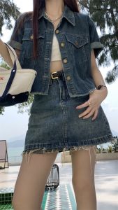 Summer New Sweet And Spicy Pure Desire Short Sleeve Denim Jacket Retro Hot Girl Mini Skirt Polo Collar Single Button Cotton Blend