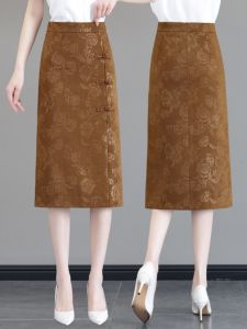 New Chinese Style High Waist Button Embellished Floral Midi Skirt Womens Thin Summer Wrap around Split One Step Skirt