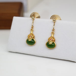 925 Silver Gourd Gold Inlaid with Jade Short Exquisite Ear Clip