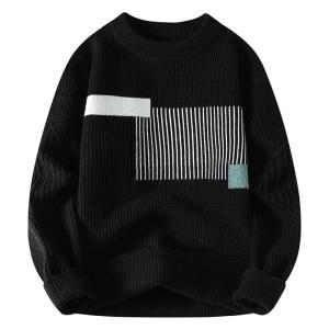 ROMON | Romon Mens Round Neck Fleece Lined Loose Casual Knitwear Winter Thick Warm Top Youthful Style Long Sleeve Overhead Sweatshirt