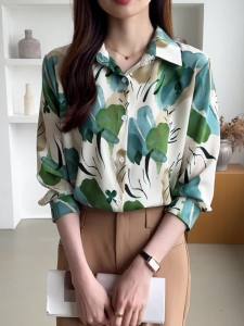 AMMIN 2024 Autumn new simple lapel fashion match color smudged graffiti print chiffon blouse Korean style long sleeve vintage elegant blouse