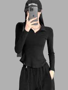 Slimming Short Sleeve T-Shirt Womens Ant Waist Autumn Winter Pure Desire Spicy Half Zip Base Top Casual Style Regular Sleeve