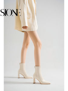 รองเท้าบูทส้นสูงสีขาว ทรงหุ้มข้อ ฤดูใบไม้ร่วง/ฤดูหนาว รองเท้าบูทแฟชั่นสำหรับผู้หญิง รองเท้าบูทหุ้มข้อส้นหนาแบบลำลอง รองเท้าบูทหุ้มข้อแบบลำลอง