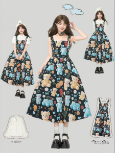 Keiko | Fairy Tale Style Bear Patterned Strappy Dress Summer Slim Fit