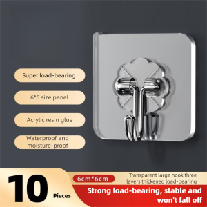 20/10PCS Self Adhesive Hook Clear PVC Panel Stainless Steel Hook Multipurpose Bathroom Kitchen Wall Hanging Storage Tool