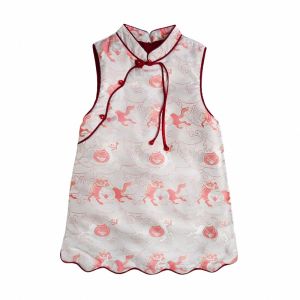 New Chinese Style Girls Cotton Blend Satin Jacket with Embroidered Buttons Wave Skirt Childrens Cheongsam Winter Clothes