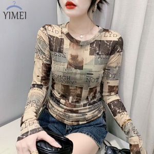 Yimei 2023 thời trang mới lưới mỏng T-shirt ngắn dây rút Top in quần áo chống nắng