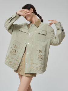 PlumJan | Light Green Retro Embroidered Denim Jacket
