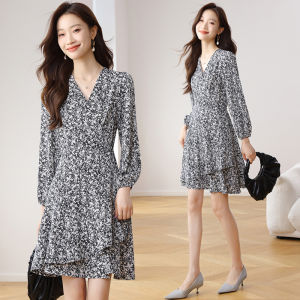 Impression Fashion Store Women Elegant V-neck Long Puff Sleeve High Waist Chiffon Slim A-line Midi Dress