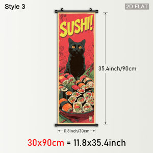 VIKAMA Retro Japanese-Style Cat Scroll Tapestry Whimsical Cat Ramen and Sushi Ukiyo-e-Style Wall Art Dining Room Wall Decor