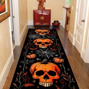 VIKAMA Halloween Runner Rug Abstract Pumpkin Skull Carpet Kitchen Anti-Slip Spider Web Printed Rugs for Living Room Home Decor
