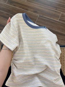 เสื้อยืดแขนสั้นผู้หญิงทรงสลิมฟิตสไตล์ญี่ปุ่น ลายทางสีบล็อก สำหรับฤดูร้อน เสื้อชั้นในแบบเข้ารูป ทรงหลวม สไตล์เกาหลี