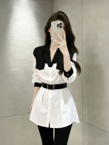 Black White Patchwork High-end Chic Youthful French Style Women Shirt