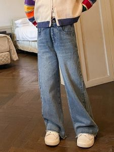 Girls Loose Hem Denim Jeans Korean Style Spring Summer Autumn Straight Leg Trousers for Middle And Large Children