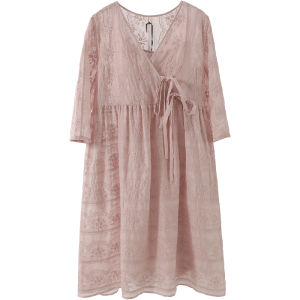 Miccbeirn | New 24 Womens Embroidered Cotton Mulberry Summer Skirt Midi Dress Artistic Style Heavy Stitching V-neck Loose Waist Seven-sleeve