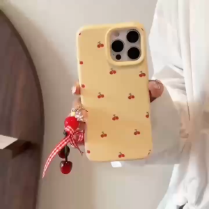 Full screen cherry patterned milk yellow phone case for iPhone 11 12 13 14 15 16 Pro Max casing Thickened soft silicone protective cover for iPhone13 case
