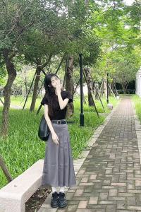 สูงสีเทา เอว สูทสไตล์ กระโปรงพลีท เรียบหรู หลวม Drape ทรงเอ Midi เดรส สไตล์เกาหลี โพลีเอสเตอร์ ผ้า ฤดูร้อน 2023