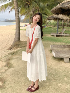 Elegant White Embroidered Lace Long Summer Dress Slimming Bubble Sleeve French Style Womens Fashion Commute A-Line Dress