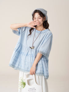 SHANGWEILUO | Bộ Áo Blouse Tay Ngắn Nhiều Lớp và Chân Váy