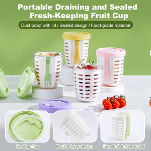 Portable Fresh Fruit Cup Large Capacity Drainable Organizer Fork Fruit Salad Cups