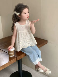 Summer Lightweight Sleeveless Ruffled Blouse Denim Shorts Set