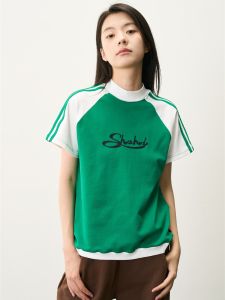 เสื้อยืดแขนสั้นผู้หญิง SHAHD ทรงสลิมฟิต ลายตัวอักษร ลายทาง แขนยาว คอตั้ง สไตล์ลำลอง ฤดูร้อน 2023