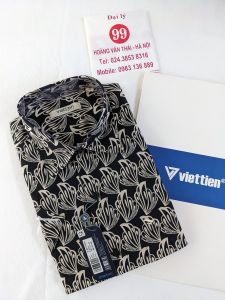 [Việt Tiến Sale] Sơ Mi Ngắn Tay - Regular (Suông) - Vạt vuông - Họa tiết hình lá màu be trên nền đen