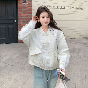 New Chinese Style Pearl Button Embroidered Baseball Jacket Short Outerwear Womens Spring Autumn New Model round Neck Long Sleeve