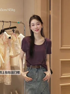 Oajer Retro ฤดูร้อน สไตล์ลำลอง U-คอสีทึบรุ่นเสื้อยืดผู้หญิง เรียบง่าย ดีไซน์ แขนสั้นความยาวปกติ