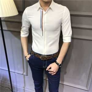 South Korea Non-Ironing New Arrival Embroider Mens Short-Sleeve Shirt 3/4 Sleeve K-style Silm Half Sleeve Shirt Trend Original Stripes