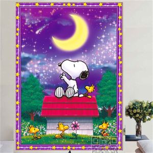 Framed Diamond Painting Full Diamond Cartoon Animal Puppy Kids Bedroom Painting Diamond Cross Stitch Snoopy under Moonlight