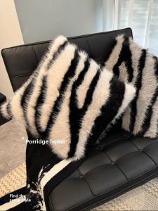 Luxurious Faux Fur Zebra Motif Plush Pillow Vintage Living Room Sofa Decorative Cushion Bedroom Bed Rest Pillow Backrest