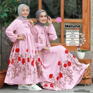 Gamis Couple Ibu dan Anak Terbaru Baju Lebaran Long Dress Mom Kids Crinkle Airflow Embroidery Terkini