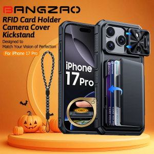 Halloween Gifts With Card Holder Sliding Camera Cover And Stand For iPhone 17 Pro CaseAnti-Fall PC+TPU Wallet Case-Black