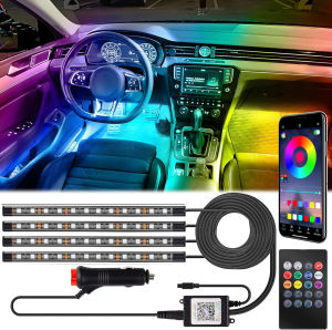 LED Strip Lights with USB Adapter: Ambient Car Lighting Kit App & Remote Control Music Sync Mode 4Pcs Strip Lights for SUVs & Trucks 5V