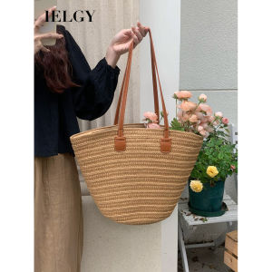 IELGY กระเป๋าฟางความจุมากวันหยุดถุงผ้าทอชายหาดกระเป๋าทรงถังตะกร้าผักกระเป๋ากระเป๋าโทท