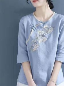Summer 2024 Womens Loose Fit Embroidered Top Seven-Quarter Sleeve round Neck Vintage Style Small Shirt Fashionable Slimming