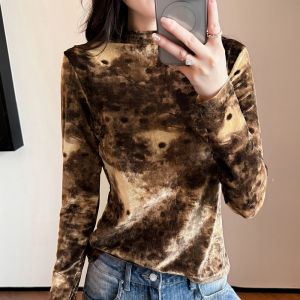 REHIN Printed Mock Neck Long Sleeve Top Women Slim Fit Autumn Winter Fashion Base T-Shirt M-3XL