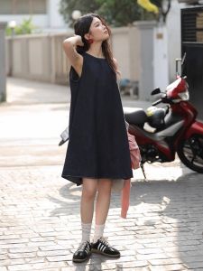 ฤดูร้อน บาง ลำลอง หลวม ผู้หญิง เดนิม ชุดเสื้อกั๊ก สไตล์เกาหลี ทรงเอ กระโปรงยาวปานกลาง แขนกุด ชุดเดรสยาวปานกลางคอกลม