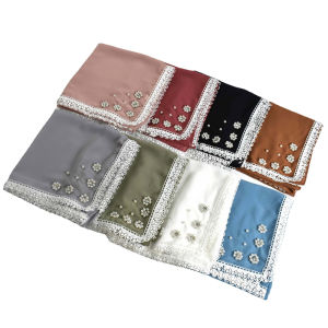 Jifang 90x90cm Floral White Pearls Decor Lace Brim Plain Bubble Chiffon Square Scarf Pashmina Muslim Hijabs Square Bawal WC06