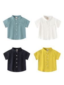 Summer Boys Casual Shirt Short Sleeve Stand Collar Solid Color