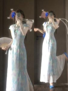 CHANGTONG | Elegant Gentle Dress Modified Cheongsam Slim Fitted Flared Skirt
