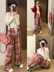 Korean Style High Waist Plaid Woolen Christmas Pants Womens Autumn Winter New High Waist Slimming Fleece Lined Thickened Drape Wide Leg Pants