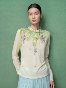 Printed Chinese Style Elegant Slim Fitting Wool T-shirt