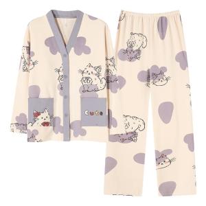 Miiow | Cat Person Womens Long Sleeve Modal Cotton Pajamas Set Casual Home Wear Simple Solid Color Open Cardigan Indoor Outdoor Wear