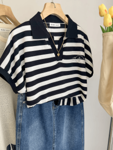 Black White Striped V-Neck Short Sleeve T-Shirt Womens Loose Fit Summer New Style Polo Collar Slimming Top Casual Wear