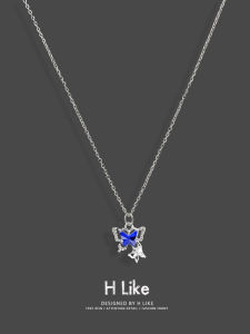 Blue Rhinestone Butterfly Necklace Womens Luxury Unique Design Clavicle Chain High-End Feel Fashion Versatile Titanium Steel